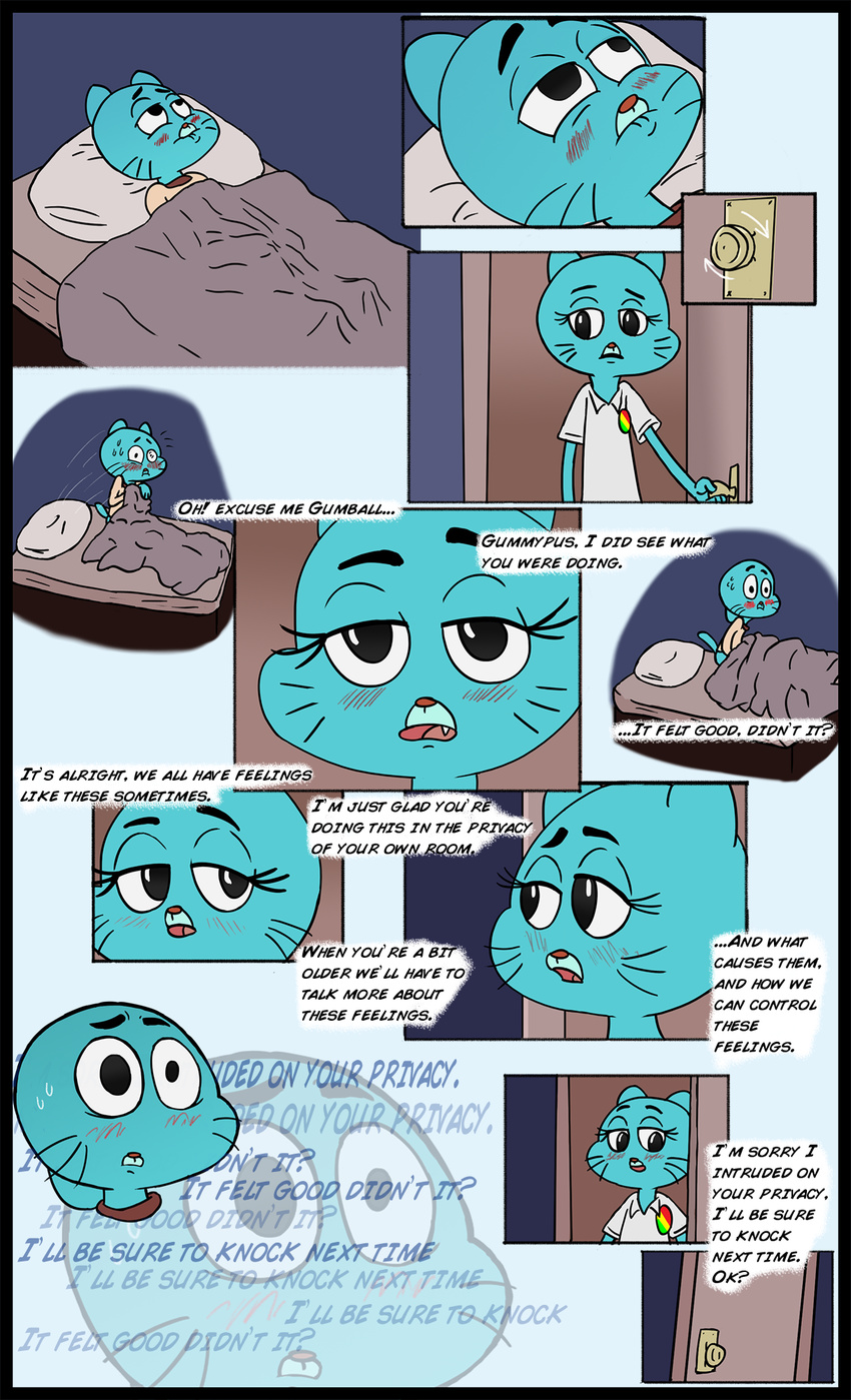 anthro cat caught comic duo feline female gumball_watterson humor male mammal masturbation mejicanomakessmut milf model_sheet mother nicole_watterson parent parody son text the_amazing_world_of_gumball trauma