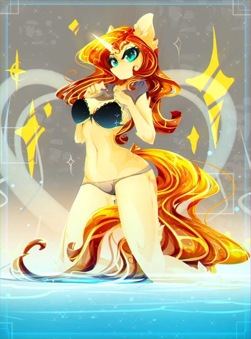 2015 anthro blue_eyes bra breasts clothed clothing equestria_girls equine female hair horn kneeling koveliana long_hair mammal midriff my_little_pony panties royaltride shirt shirt_lift skimpy solo sunset_shimmer_(eg) underwear unicorn