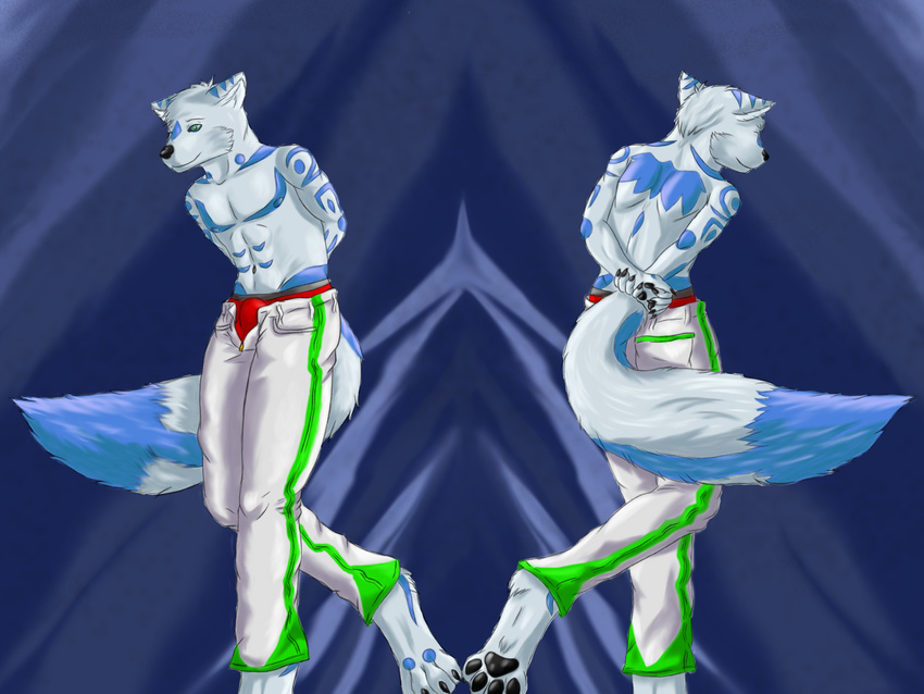 anthro bulge canine clothed clothing howlfei howlfeiwolf looking_at_viewer male mammal nipples open_pants pants simple_background smile solo underwear unzipped wolf