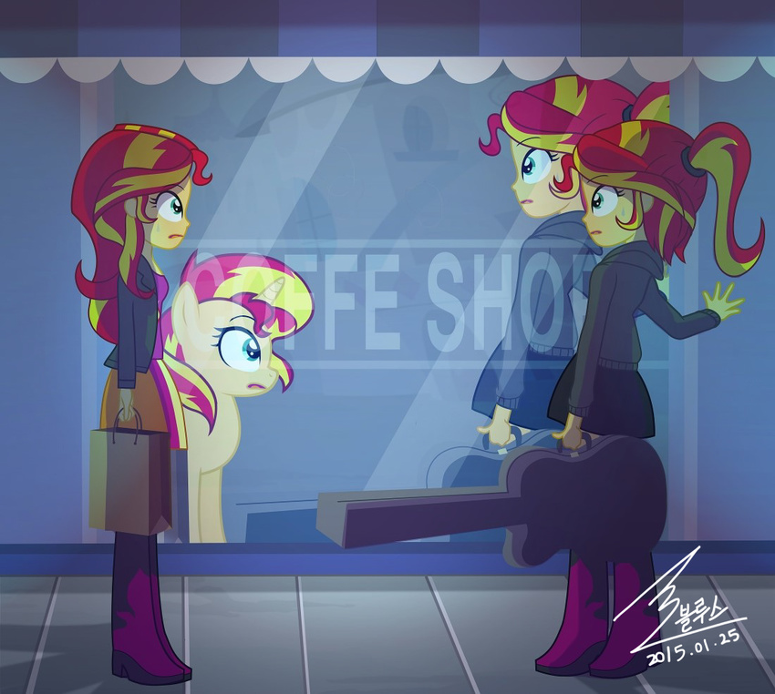 2015 bag blonde_hair blue_eyes bluse duo english_text equestria_girls equine female guitar hair horn mammal musical_instrument my_little_pony ponytail red_hair reflection sunset_shimmer_(eg) text two_tone_hair unicorn