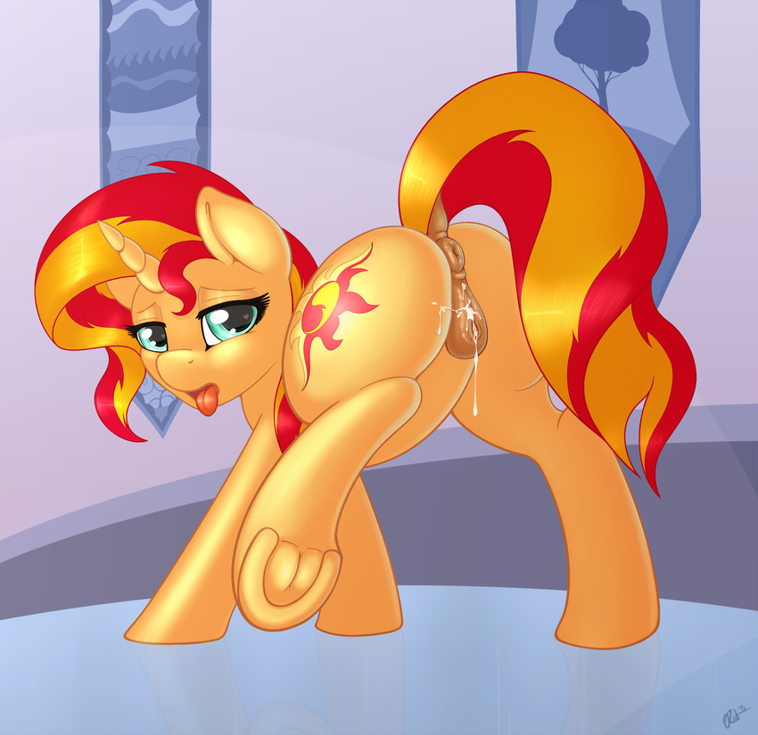 2015 animal_genitalia anus butt clitoris cum cum_in_pussy cum_inside cutie_mark digital_media_(artwork) dock equestria_girls equine equine_pussy female feral hair hi_res horn looking_at_viewer mammal my_little_pony open_mouth puffy_anus pussy raised_leg ratofdrawn solo sunset_shimmer_(eg) tongue tongue_out two_tone_hair underhoof unicorn