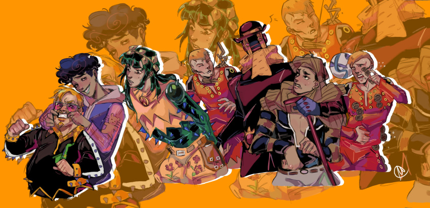 1other 6+boys a._phex_brothers absurdres black_hair blonde_hair bowler_hat cane cleavage_cutout clothing_cutout curly_hair dainenjiyama_aisho damo_tamaki dododo_de_dadada gloves green_hair green_sleeves hat highres holding holding_cane hug jojo_no_kimyou_na_bouken jojolion long_hair long_sleeves martycesar multiple_boys obladi_oblada orange_background pink_hood pink_sleeves purple_gloves purple_shirt red_eyes red_shirt scarf shirt short_hair smile spiked_clothes stand_(jojo) stuffed_animal stuffed_toy teddy_bear tooru_(jojolion) wonder_of_u yagiyama_yotsuyu yellow_scarf zoom_layer