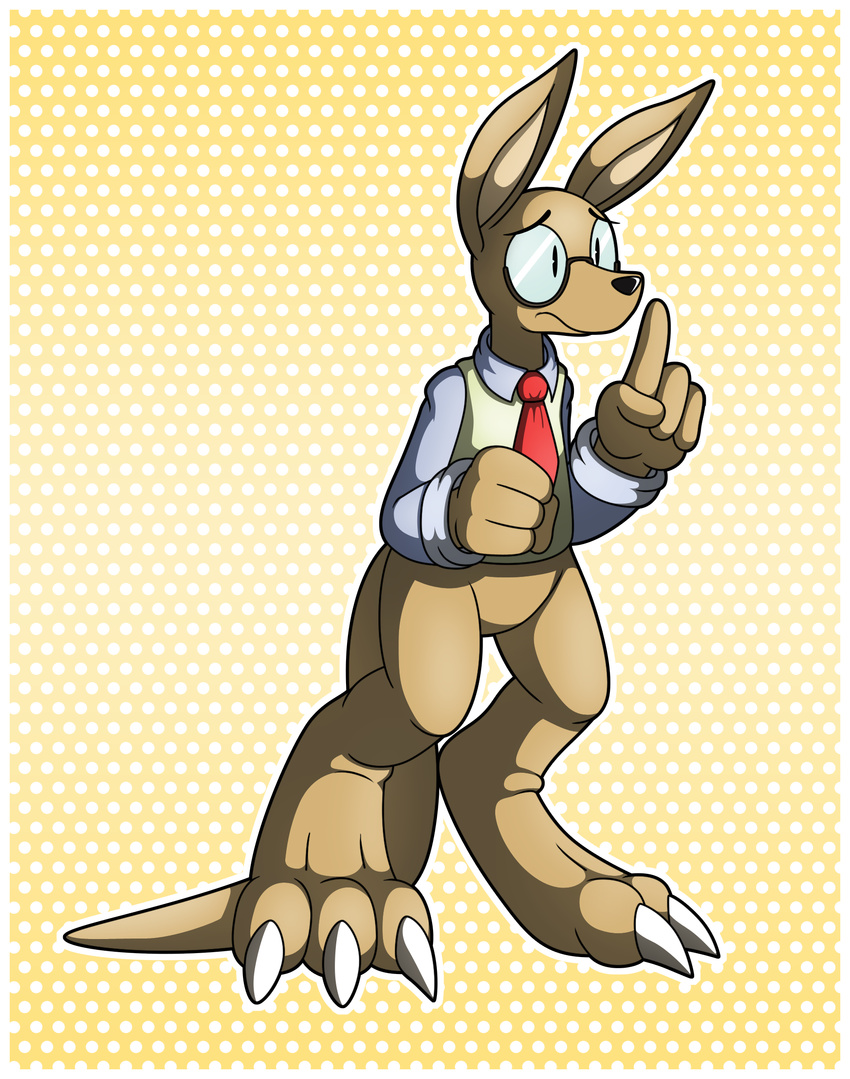 3_toes 4_fingers anthro black_nose brown_fur claws clothed clothing cody_(rockmanzxadvent) eyewear fur glasses half-dressed kangaroo long_tail male mammal marsupial necktie rockmanzxadvent shirt shy toes vest