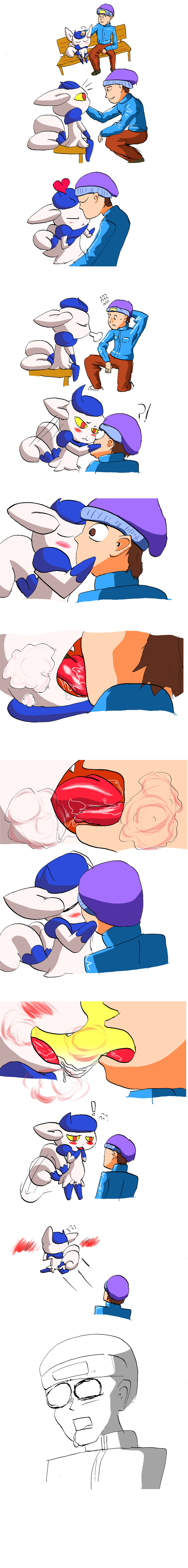 &lt;3 ?! anthro blush close-up comic duo female french_kissing human kissing male mammal meowstic nintendo open_mouth pok&eacute;mon punkydreamer saliva surprise tongue tongue_out video_games
