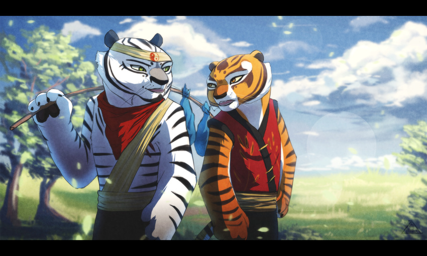 anthro bags chi_su clothed clothing cloud detailed_background dreamworks duo feline female headband kerchief kung_fu_panda male mammal master_tigress scar sky standing stick stripes suzamuri tapes tiger tree white_tiger yin_yang