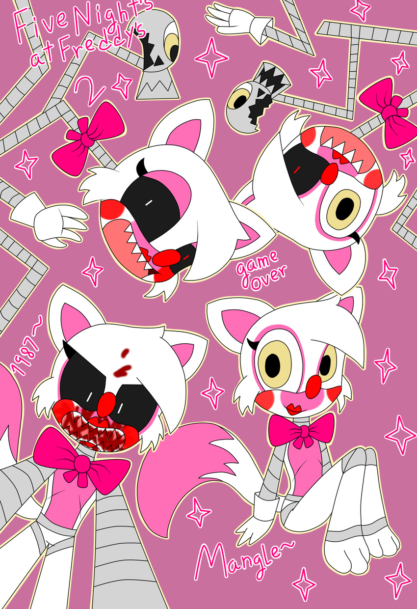 ambiguous_gender animalcomic96 animatronic anthro black_eyes blood bow_tie broken canine clothing cute eyelashes five_nights_at_freddy's five_nights_at_freddy's_2 fox gloves lipstick looking_at_viewer machine makeup mammal mangle_(fnaf) mechanical necktie open_mouth robot sharp_teeth simple_background smile sparkle teeth text white_body yellow_eyes