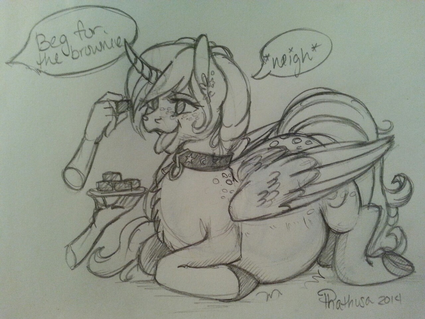 2014 brownie brownies cartoon collar cutie_mark dialogue disembodied_hand duo english_text equine female holding horn lying mammal moonbrush_(mlp) my_little_pony overweight pencil_(artwork) phathusa piercing plate solo_focus text tongue tongue_out traditional_media_(artwork) winged_unicorn wings