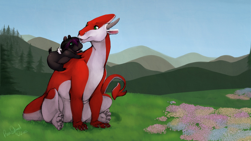 ambiguous_gender cute dragon female flower grass hippopotamus horn hug kyera mammal nude plant red_skin revadiehard scalie size_difference wings