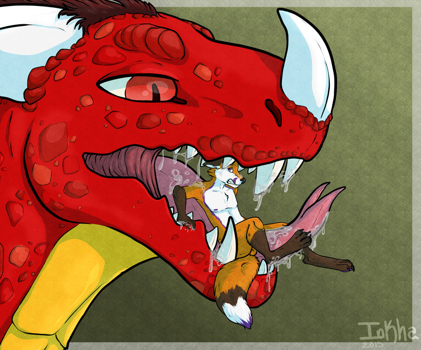 ambiguous_gender anthro canine dragon duo feral fox inkhling keagos male mammal saliva vore