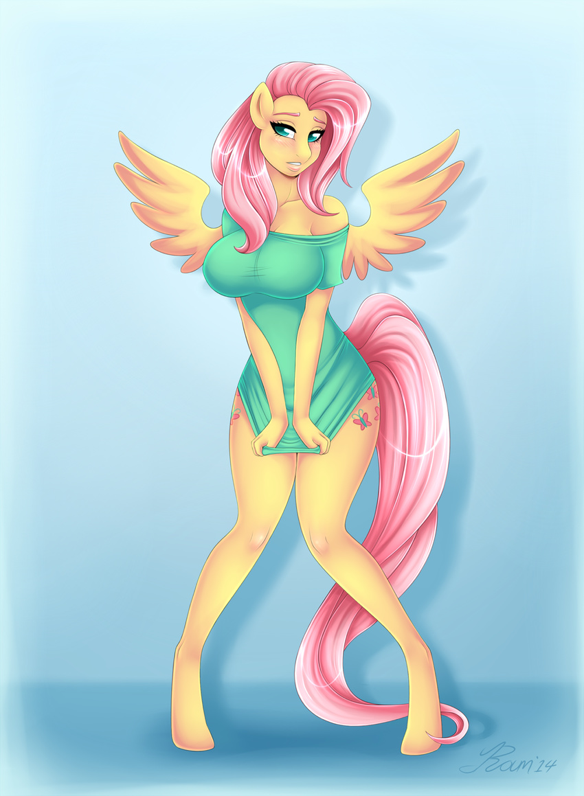 anthro big_breasts blush breasts cartoon clothing cutie_mark embarrassed equine feathers female fluttershy_(mlp) friendship_is_magic fur hair hi_res hooves long_hair looking_at_viewer mammal my_little_pony pegasus pink_hair roum solo standing teal_eyes wings yellow_fur