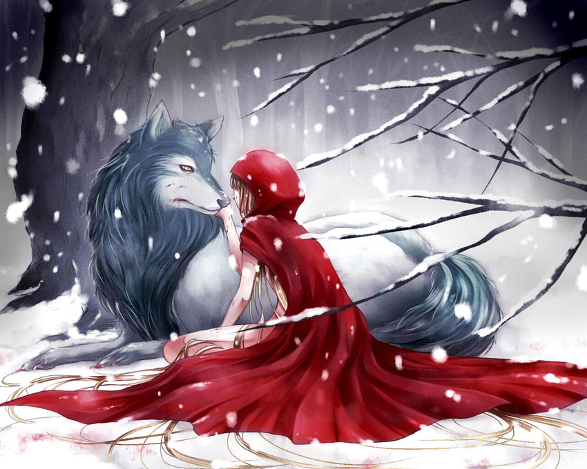 1girl 2014 ??? ambiguous_gender bangs big_bad_wolf black_fur black_nose blonde_hair blood branch canine claws cloak clothed clothing duo eye_contact female feral forest fur grey_fur hair hood human little_red_riding_hood little_red_riding_hood_(copyright) little_red_riding_hood_(grimm) long_hair mammal outside paws sitting snow snowing tree very_long_hair wolf wood yellow_eyes yukino_(0722)