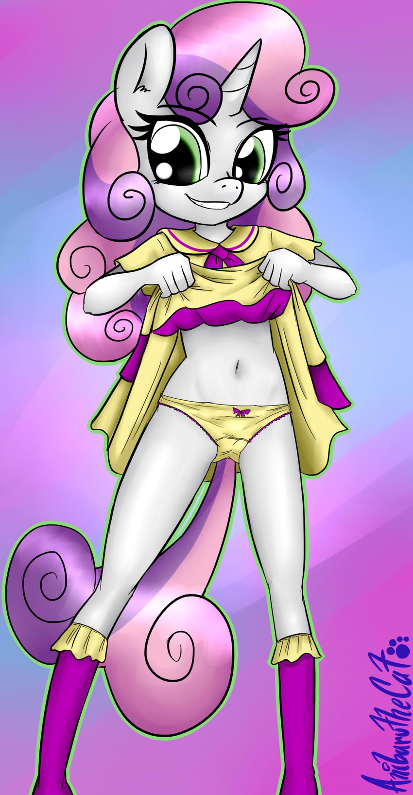 2015 anibaruthecat anthro anthrofied cartoon clothing equine female friendship_is_magic green_eyes hair horn long_hair mammal my_little_pony navel panties smile solo sweetie_belle_(mlp) two_tone_hair underwear unicorn young