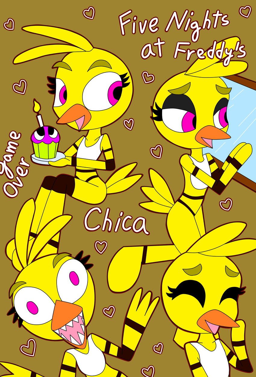 2015 animalcomic96 animatronic anthro avian beak bib bird chica_(fnaf) chicken cupcake english_text eyes_closed feathers female five_nights_at_freddy's food giggle happy laugh machine mechanical open_beak pink_eyes robot smile text window yellow_feathers