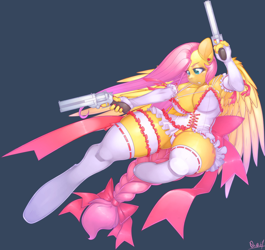 0r0ch1 2015 anthro anthrofied big_breasts breasts cartoon cleavage clothed clothing cutie_mark elbow_gloves equine female fluttershy_(mlp) friendship_is_magic gloves gun hair holding legwear long_hair mammal my_little_pony panties pegasus pink_hair plain_background ranged_weapon solo thick_thighs thigh_highs underwear weapon wings