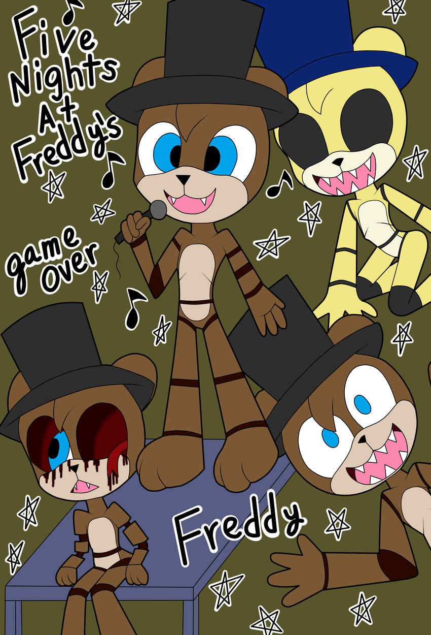 2015 animalcomic96 animatronic anthro bear blood blue_eyes brown_fur color english_text five_nights_at_freddy's freddy_(fnaf) fur golden_freddy_(fnaf) hat machine male mammal mechanical microphone music open_mouth robot text