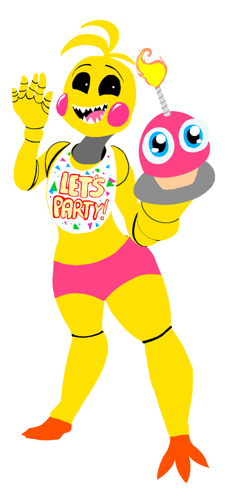 2015 animatronic anthro avian bib bird black_eyes blue_eyes booty_shorts candle chicken clothed clothing cupcake cupcake_(fnaf) female fire five_nights_at_freddy's_2 food galladexd hair looking_at_viewer machine makeup mechanical open_mouth robot sharp_teeth solo teeth toy_chica_(fnaf) wide_hips yellow_body