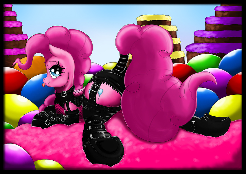 balloon bedroom_eyes blue_eyes cake cartoon clothing cutie_mark equine exelzior-maximus female food friendship_is_magic fur hair hooves horse leather long_hair looking_at_viewer looking_back lying mammal my_little_pony pink_fur pink_hair pinkie_pie_(mlp) pony raised_tail rear_view smile solo tongue