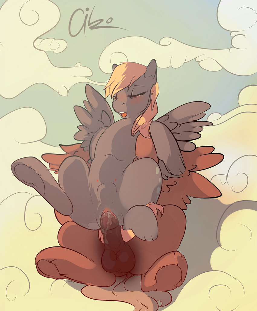 2015 abdominal_bulge aiko_stable balls blonde_hair blush butt cartoon clitoris cloudscape cutie_mark derpy_hooves_(mlp) duo equine female female_on_top feral friendship_is_magic fur grey_fur hair hooves male mammal my_little_pony on_top open_mouth pegasus penetration penis pussy pussy_juice saliva sex sky straight teats tongue underhoof vaginal vaginal_penetration wet wings