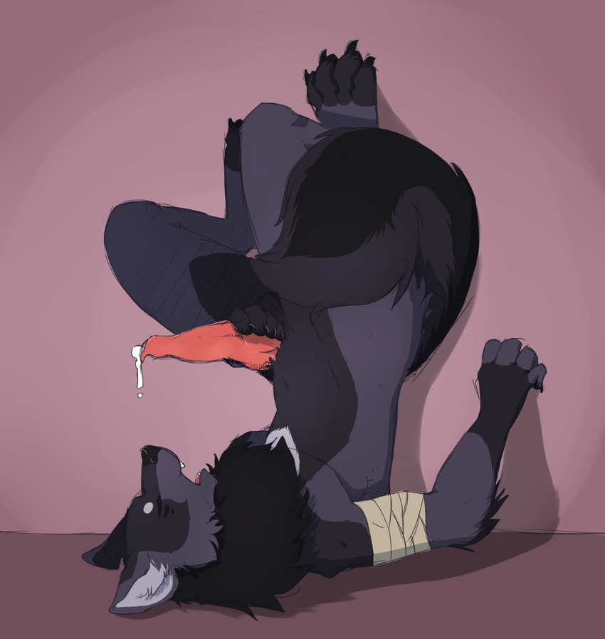 anthro ass_up canine claws cum elapid eyes_closed fur garou leaking lying male mammal masturbation nude on_back open_mouth paws penis plain_background solo wolf