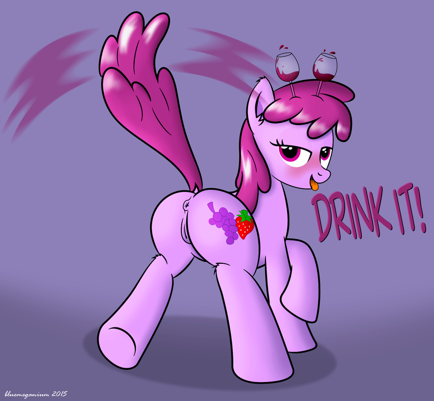 2015 alcohol anus bedroom_eyes berry_punch_(mlp) beverage bluemeganium blush cartoon cutie_mark digital_media_(artwork) dock drunk earth_pony english_text equine female feral friendship_is_magic fur hair horse looking_at_viewer looking_back mammal my_little_pony open_mouth pink_hair plain_background pony puffy_anus purple_eyes pussy raised_tail solo text tongue tongue_out wine