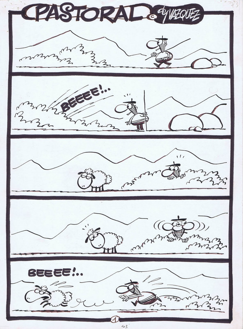 1990 ambiguous_gender black_and_white caprine chasing comic duo feral grass human humor looking_back male mammal manuel_v&aacute;zquez monochrome mountain outside running sheep