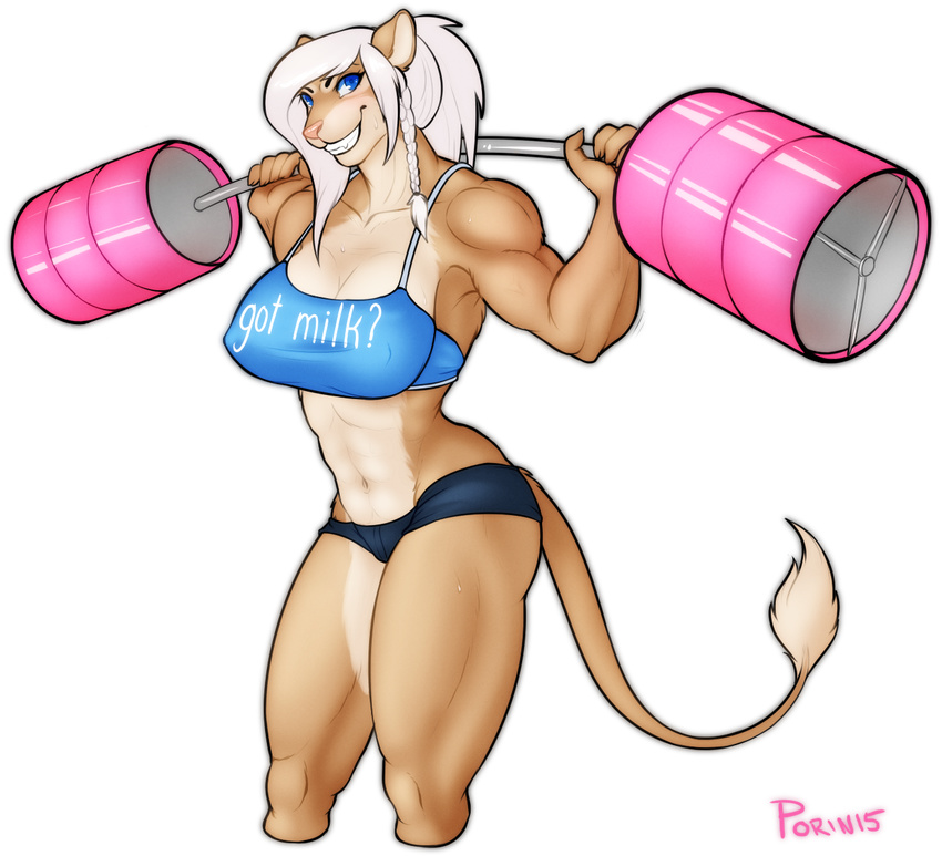 barbell big_breasts blue_eyes breasts digital_media_(artwork) exercise feline female grin lion mammal muscles muscular_female porin samanya_mohatu solo sports_bra sweat weights