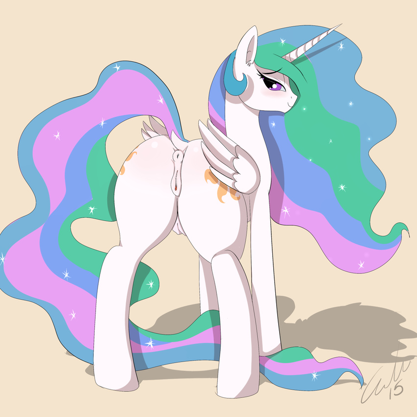 2015 animal_genitalia anus blush butt cartoon cutie_mark dock equine equine_pussy female feral friendship_is_magic hair horn long_hair looking_at_viewer looking_back mammal matimus91 multicolored_hair my_little_pony princess_celestia_(mlp) puffy_anus pussy smile solo teats winged_unicorn wings