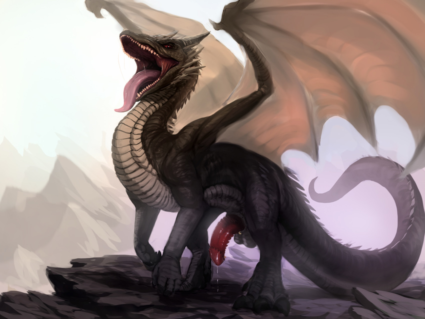 2015 balls black_scales digitigrade dragon feral gaping_mouth genital_piercing grey_belly grey_scales half-erect horn looking_at_viewer looking_down male open_mouth penis piercing precum rearing red_eyes red_penis red_sclera saliva saliva_string scalie sharp_teeth solo spines sprout teeth thick_penis tongue tongue_out wings