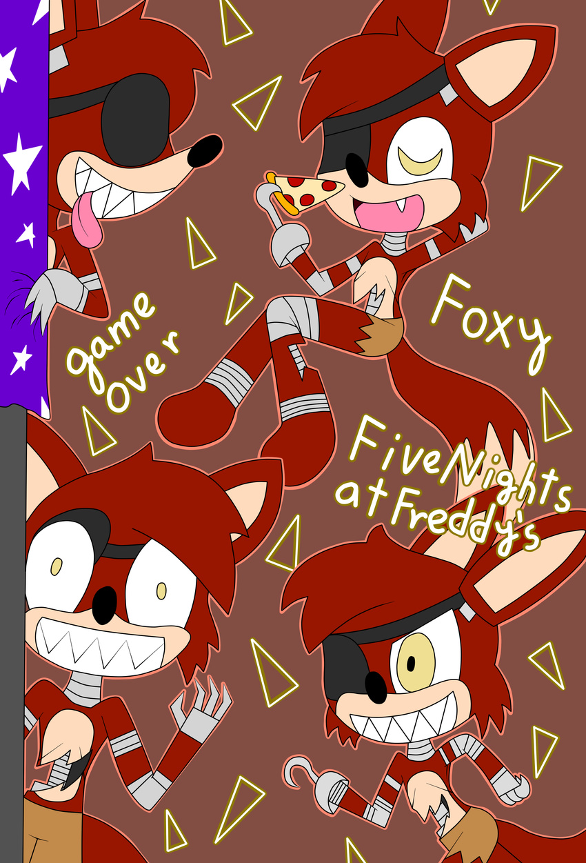 2015 animalcomic96 animatronic anthro biting_tongue black_nose canine eating english_text eye_patch eyewear five_nights_at_freddy's food fox foxy_(fnaf) fur happy hook machine male mammal mechanical moving open_mouth pizza red_fur robot running sharp_teeth smile teeth text yellow_eyes
