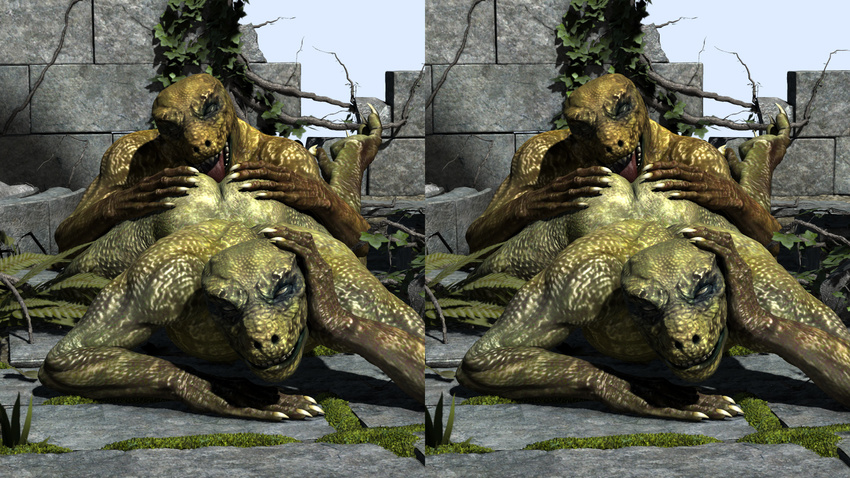 3d ambiguous_gender anal anthro butt duo from_behind green_skin hand_on_butt hand_on_head lizard lying on_front open_mouth oral poser reptile reptilian rimming scalie sex stereogram wooky