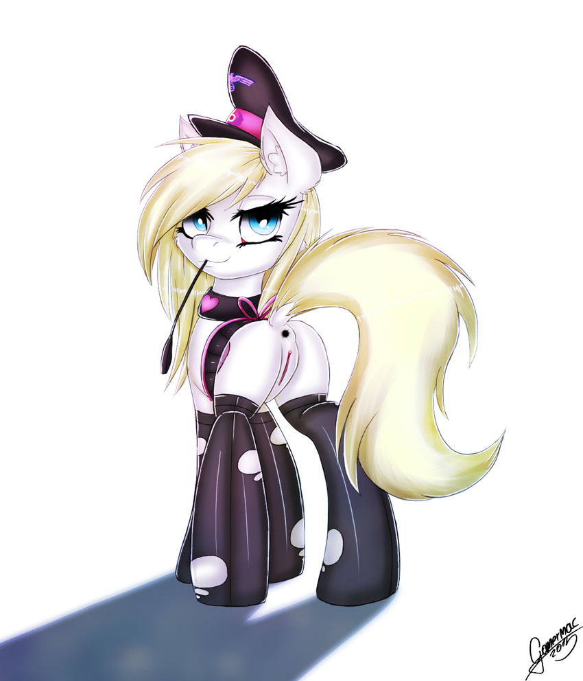 &lt;3 anus aryanne_(character) blonde_hair blue_eyes butt clitoris clothing collar cutie_mark earth_pony equine fan_character female fur gamermac hair hat horse legwear looking_at_viewer looking_back mammal my_little_pony nazi pony presenting pussy raised_tail riding_crop smile solo stockings white_fur