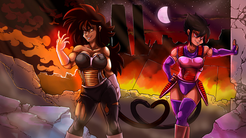 &lt;3 armor black_hair brown_hair brown_skin clothing dragon_ball duo fan_character female gloves hair looking_at_viewer orange_eyes plagueofgripes red_eyes saiyan torn_clothing