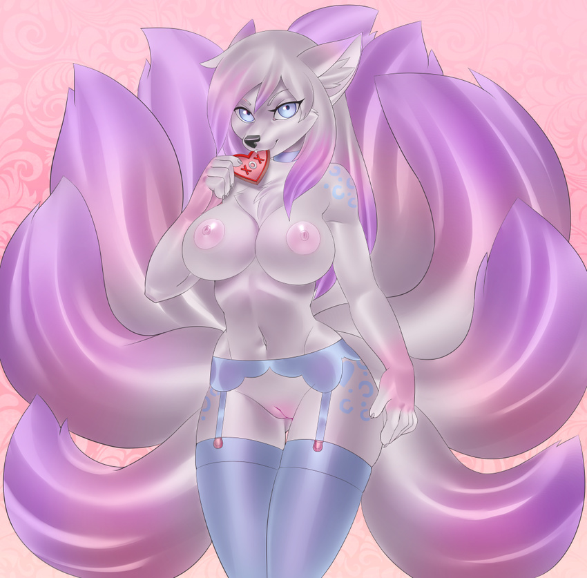 2015 anthro blue_eyes breasts canine clothing cookie eating female fox garter_belt legwear lingerie looking_at_viewer mammal multiple_tails nipples nude pussy shiro_(shirowretched) sif solo stockings wide_hips