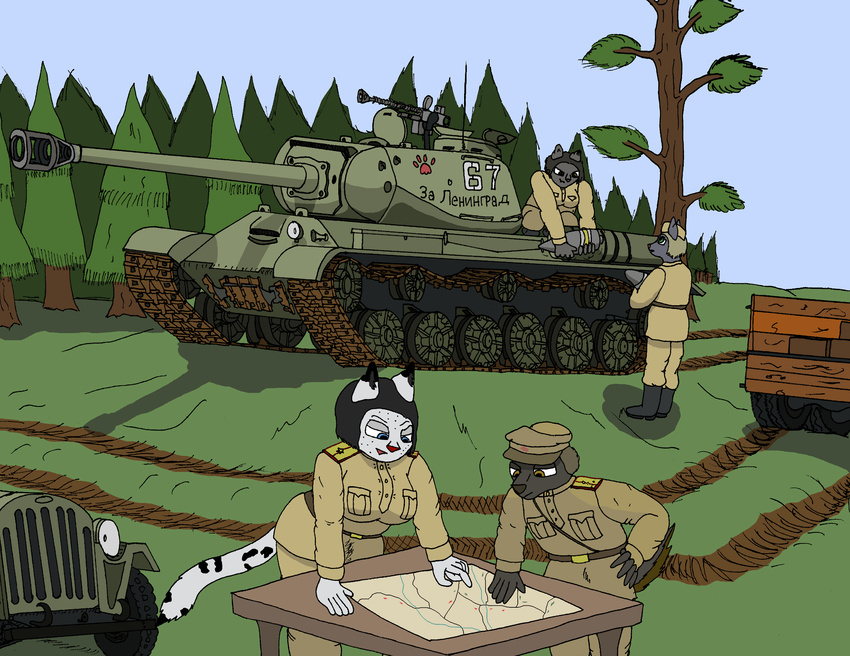 2015 big_breasts black_hair blue_eyes breasts brown_eyes brown_hair canine cannon car cat chubby color dog feline female forest green_eyes hair laya_eaterik leopard machine_gun male mammal panzerschreckleopard russian shading snow_leopard soviet tank tree truck world_war_2