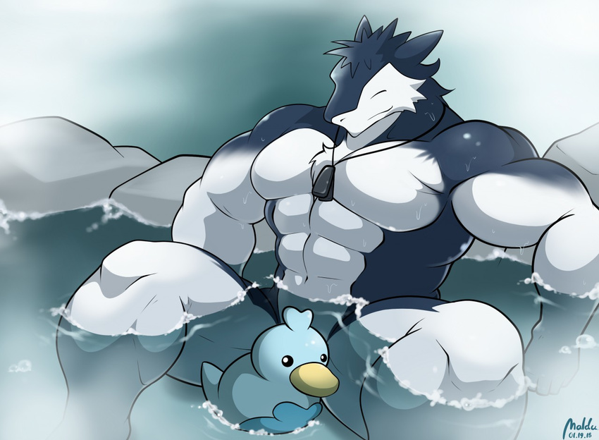 abs anthro avian biceps big_muscles bird censored discordnight dog_tags duck ducklett eyes_closed happy hot_spring maldu male muscles nintendo pecs pok&eacute;mon rock sergal sitting smile video_games water