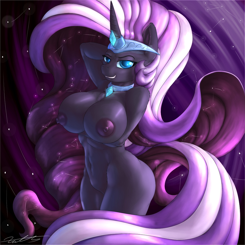 2015 abstract_background anthro anthrofied areola arm_behind_head big_breasts blue_eyes breasts equine female friendship_is_magic grin hair horn long_hair looking_at_viewer mammal my_little_pony navel nightmare_rarity_(mlp) nipples nude rarity_(mlp) solo two_tone_hair unicorn xanthor