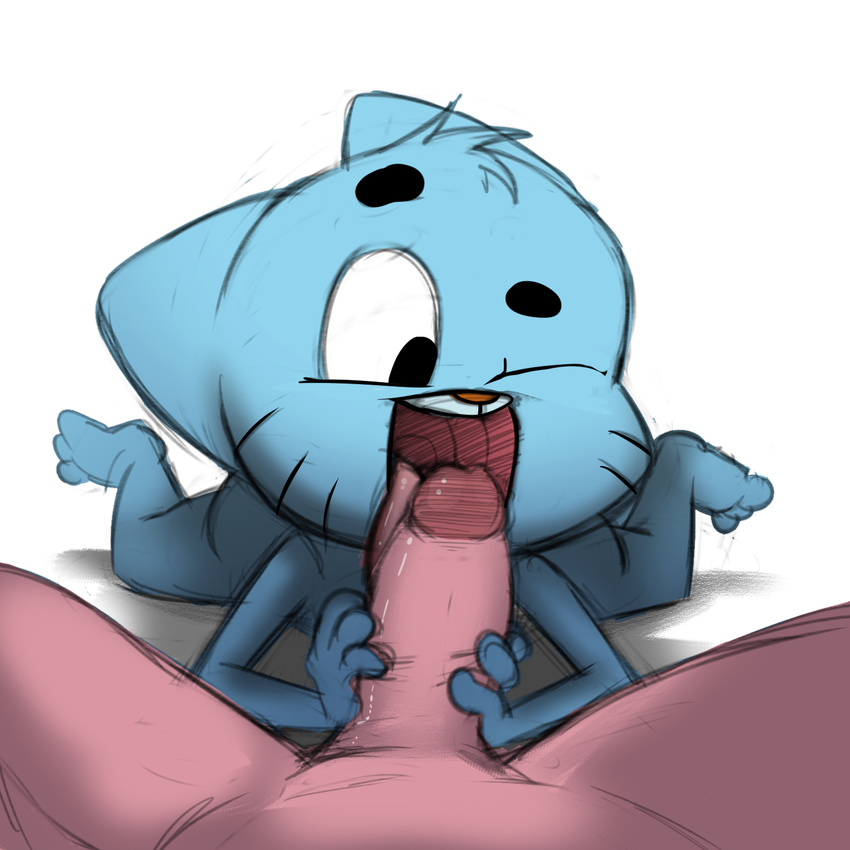 anthro blue_fur cartoon_network cat duo feline fur gay gumball_watterson hindpaw jerseydevil licking male mammal one_eye_closed oral paws penis the_amazing_world_of_gumball tongue tongue_out whiskers