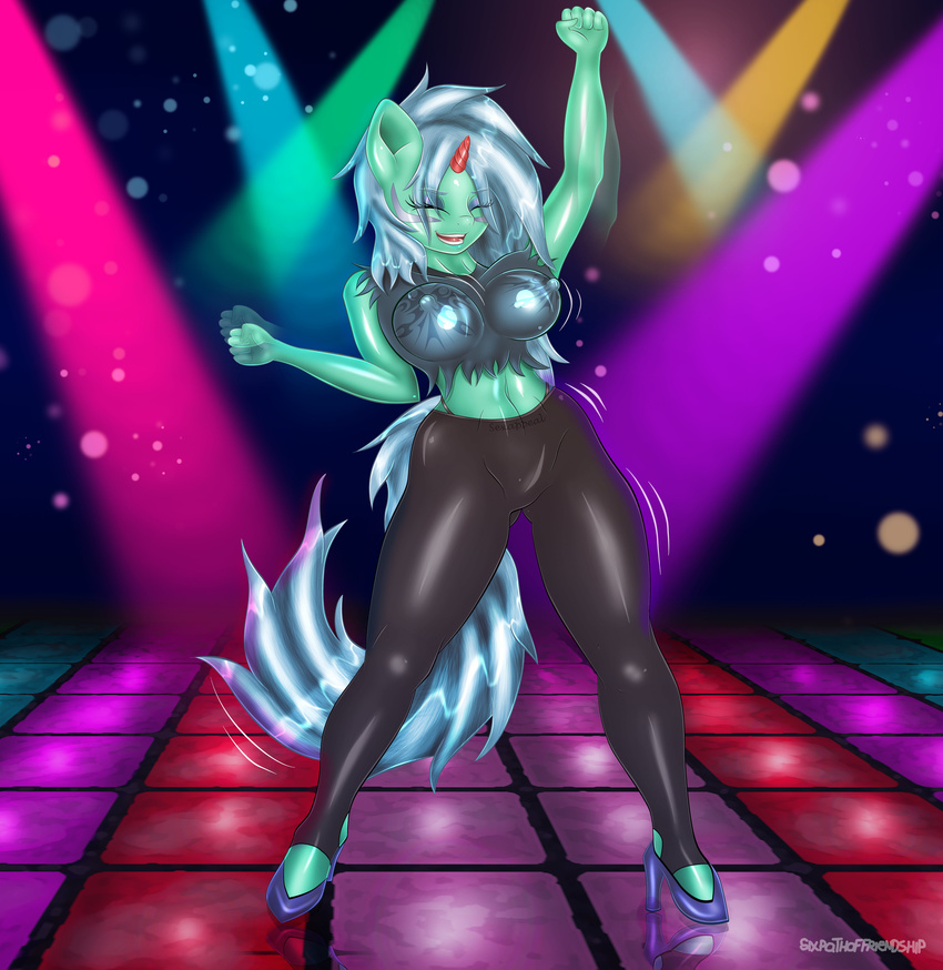 absurd_res anthro big_breasts blue_hair breasts clothing dancing digital_media_(artwork) equine erect_nipples eyes_closed fan_character female fur green_fur hair hi_res high_heels horn long_hair mammal my_little_pony navel nipples open_mouth sixpathoffriendship smile solo torn_clothing unicorn