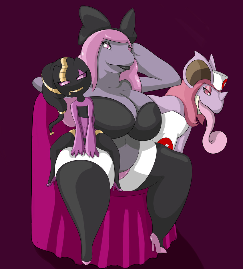 big_breasts bow breasts female flat_chested group hair high_heels large_tongue legwear mcnasty mega_banette mega_evolution muk navel nidoqueen nintendo overweight pink_hair pok&eacute;mon short smile tanya_(mcnasty) thick_thighs tongue tongue_out video_games