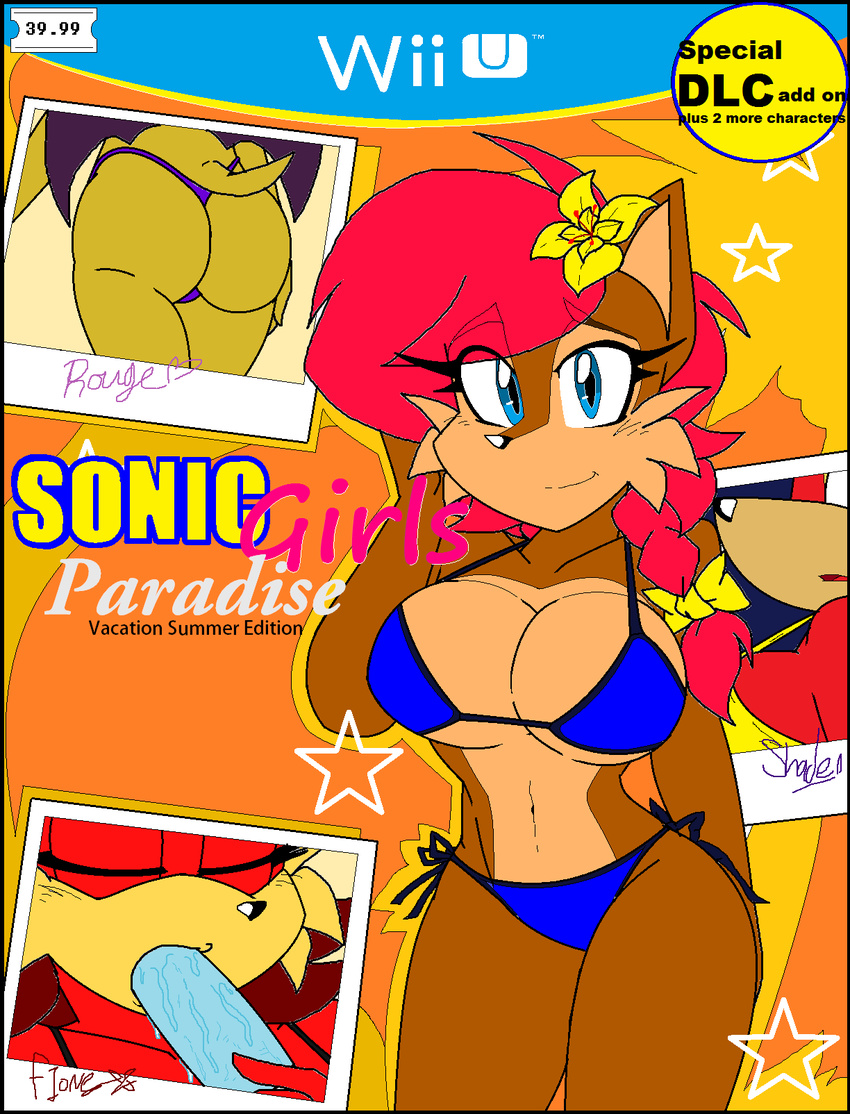 akatsukishiranui-fox anthro big_breasts bikini bipedal breasts butt canine chipmunk cleavage clothed clothing echidna female fiona_fox fox mammal monotreme rodent rouge_the_bat sally_acorn sega shade_the_echidna skimpy smile sonic_(series) swimsuit thong