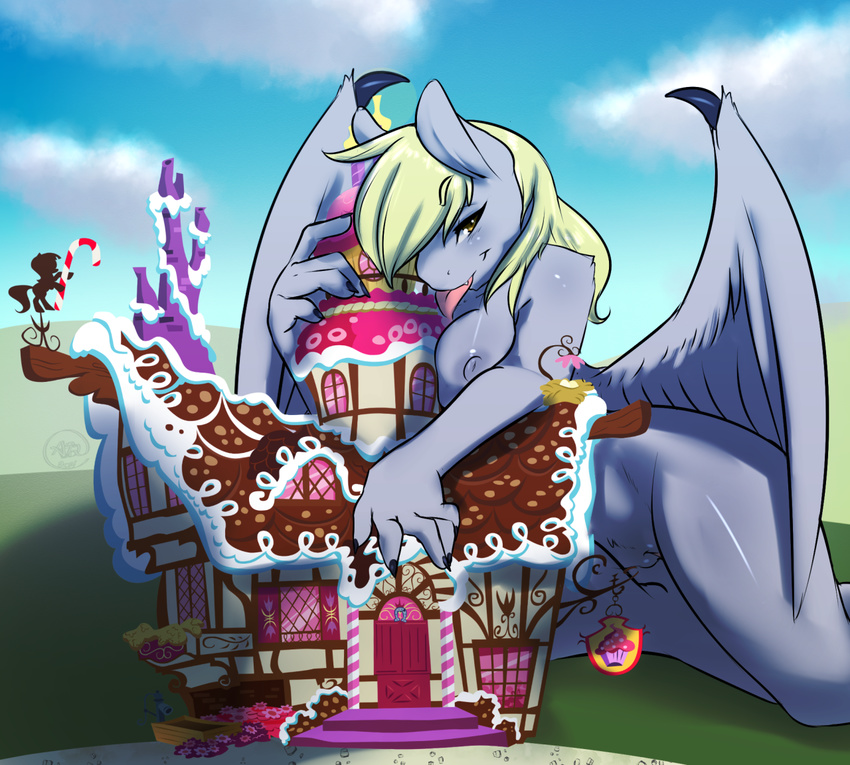2015 anthro anthrofied avante92 bat_pony bipedal blonde_hair breasts building candy_cane claws cloud derpy_hooves_(mlp) door equine female friendship_is_magic hair licking looking_at_viewer macro mammal my_little_pony nude outside pegasus ponyville pussy sky solo sugarcube_corner tongue tongue_out window wings yellow_eyes