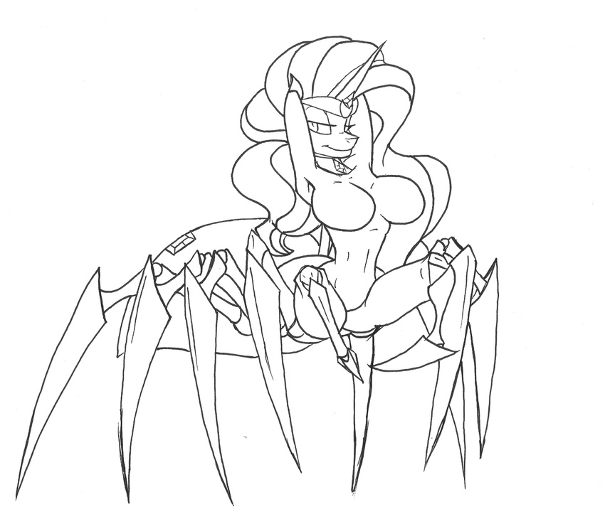 2014 anthro anthrofied arachnid arthropod black_and_white breasts cutie_mark drider equine female friendship_is_magic horn mammal monochrome my_little_pony nightmare_rarity_(mlp) plain_background rarity_(mlp) rubbermage solo spider unicorn white_background