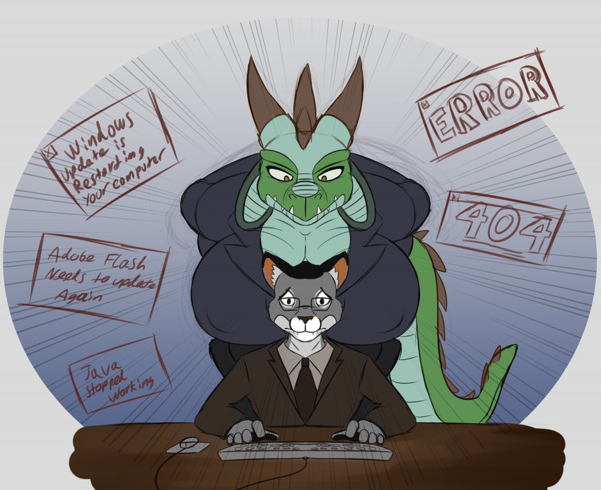 amber_eyes anita_bigtime anthro big_breasts boss breasts business_suit chair cleavage clothed clothing computer_mouse cougar desk dragon eyewear fangs feline female floppy_ears fur glasses green_scales grey_fur hair horn huge_breasts jacket keyboard larger_female long_tail mammal necktie nervous reptile scalie short_hair size_difference smaller_male suit t-bone_(artist) thick_tail unprofessional_behavior