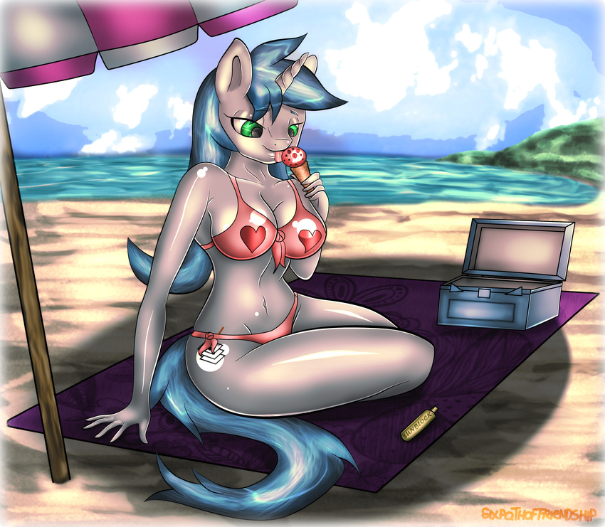 &lt;3 absurd_res anthro beach big_breasts bikini blue_hair breasts clothing cutie_mark digital_media_(artwork) equine fan_character female food fur green_eyes grey_fur hair hi_res horn ice_cream licking long_hair mammal my_little_pony navel outside seaside sixpathoffriendship smile solo swimsuit tongue tongue_out unicorn