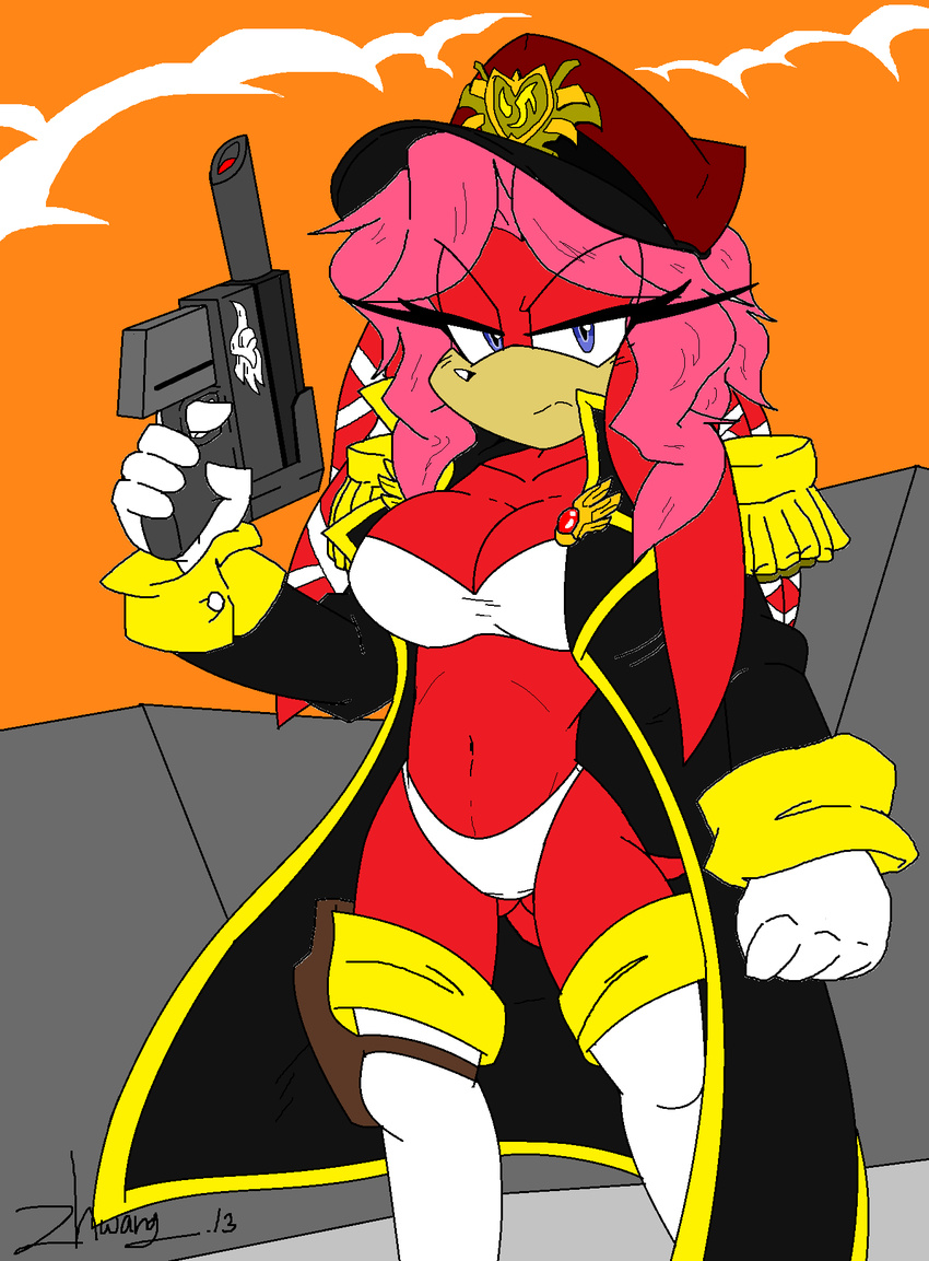 2013 akatsukishiranui-fox anthro big_breasts bipedal breasts cleavage clothed clothing echidna female gun lien-da mammal monotreme ranged_weapon sega skimpy solo sonic_(series) warhammer_(franchise) warhammer_40k weapon