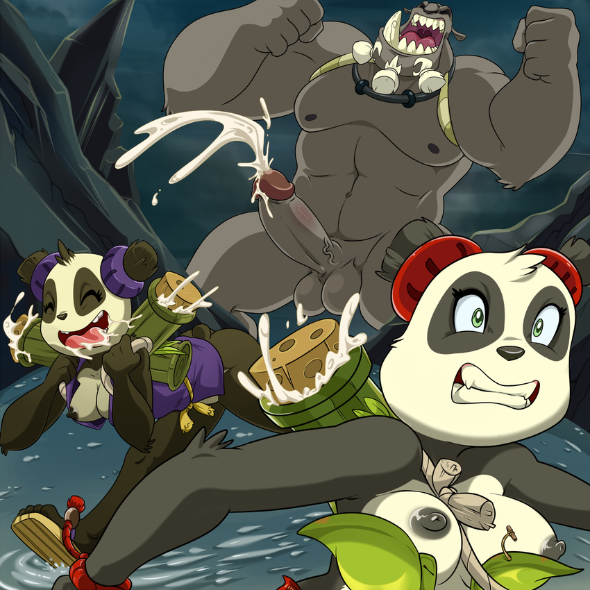 anthro balls bear breasts cum cum_in_mouth cum_inside cumshot dofus exposed_breast eyes_closed female green_eyes group humanoid lonbluewolf male mammal nude ogre open_mouth orgasm outside panda pandawa penis roaring sandals size_difference vein wakfu
