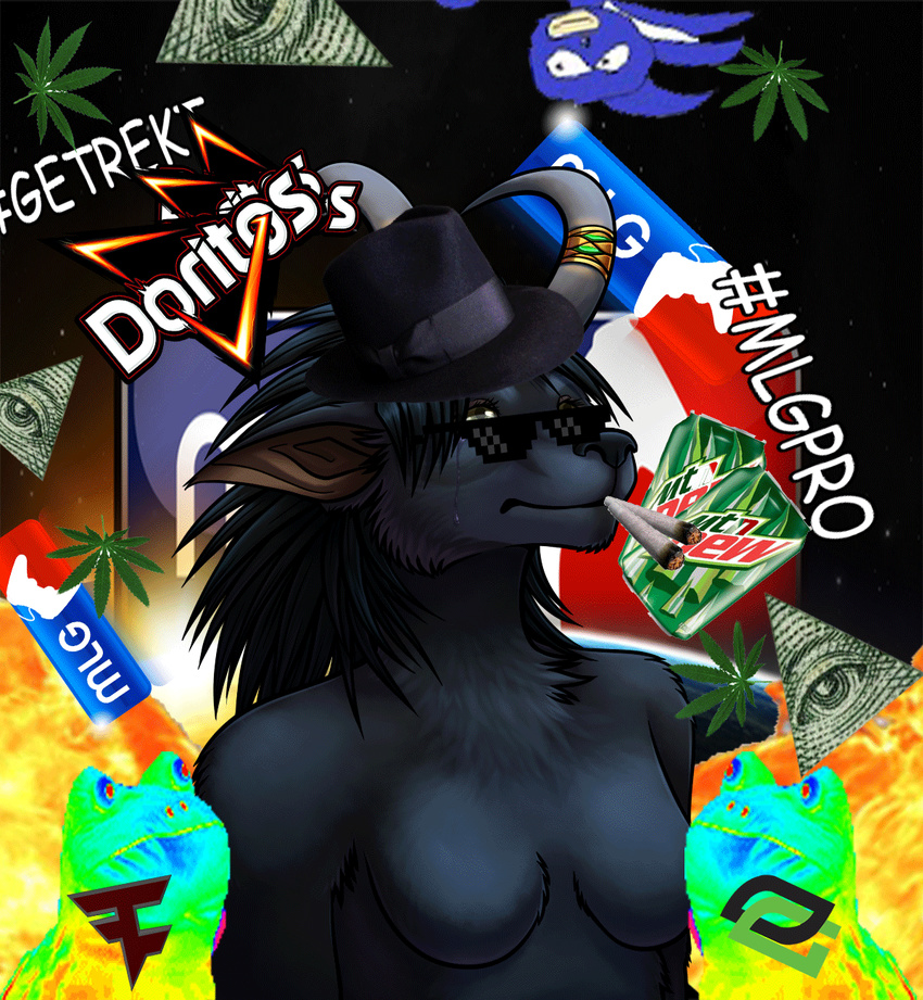 2014 amphibian anthro black_fur black_hair breasts canine colorful doritos drugs edit explosion eyewear fedora female frog fur green_eyes hair hat horn illuminati mammal marijuana mlg mountain_dew paralee_(character) pot_leaf ratte sanic_the_hedgehog sega solo sonic_(series) sunglasses tears video_games warcraft were werewolf worgen world_of_warcraft