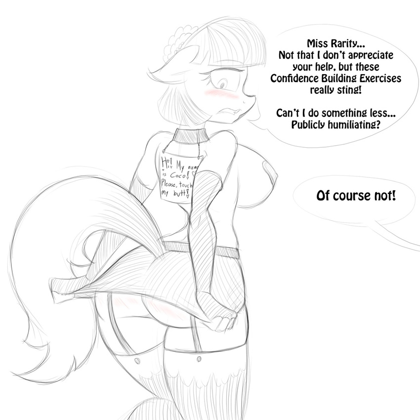 2015 anthro anthrofied blush breasts butt clothed clothing coco_pommel_(mlp) collar dialogue digital_drawing_(artwork) elbow_gloves english_text equine female flower friendship_is_magic garter_belt gloves hair horse jrvanesbroek legwear mammal miniskirt monochrome my_little_pony nipple_bulge pasties plant pony sign sketch skimpy skirt solo stockings text