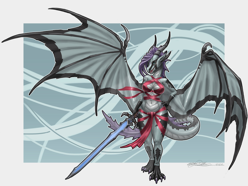 blacktalons cleavage clothed clothing dragon ellie female horn looking_at_viewer midriff navel nipple_bulge ribbons skimpy solo standing sword weapon wings