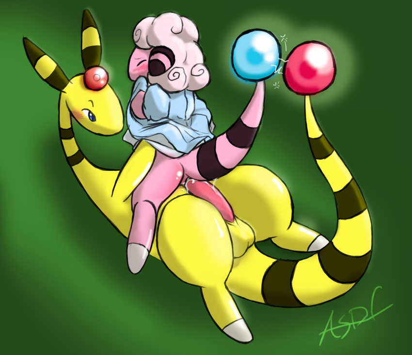 ambiguous_gender ampharos asdfjkl03 balls big_penis blush clothing cowgirl_position cum cum_inside dress duo erection eyes_closed flaaffy lying male nintendo on_back on_top partially_clothed penetration penis pok&eacute;mon sex shallow_penetration simple_background size_difference straddling video_games